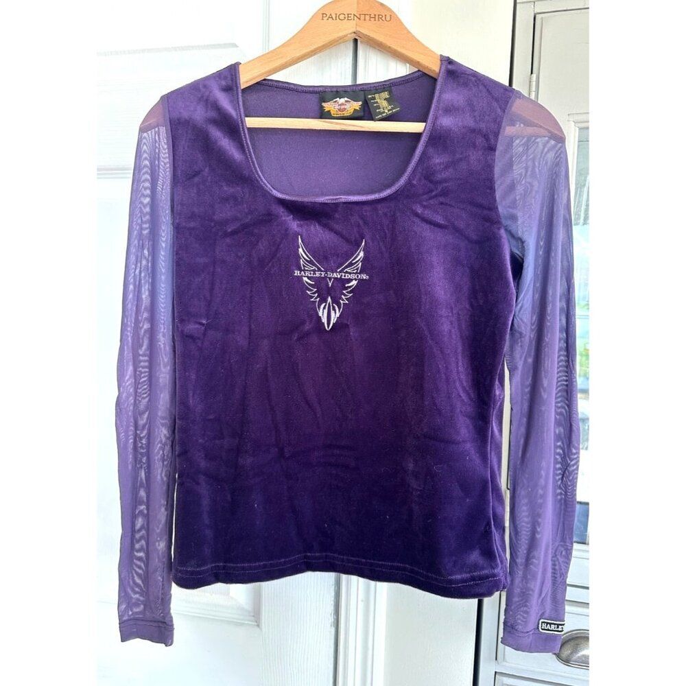 VTG Harley Davidson Women Small Purple Velvet Sheer Sleeve Top Grunge Whimsigoth